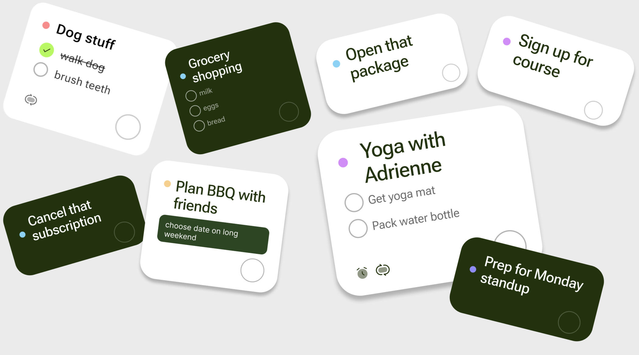 What mental load looks like Mental load visualization — scattered tasks like groceries, dog care, yoga, meal planning, and work prep all living in your head at the same time