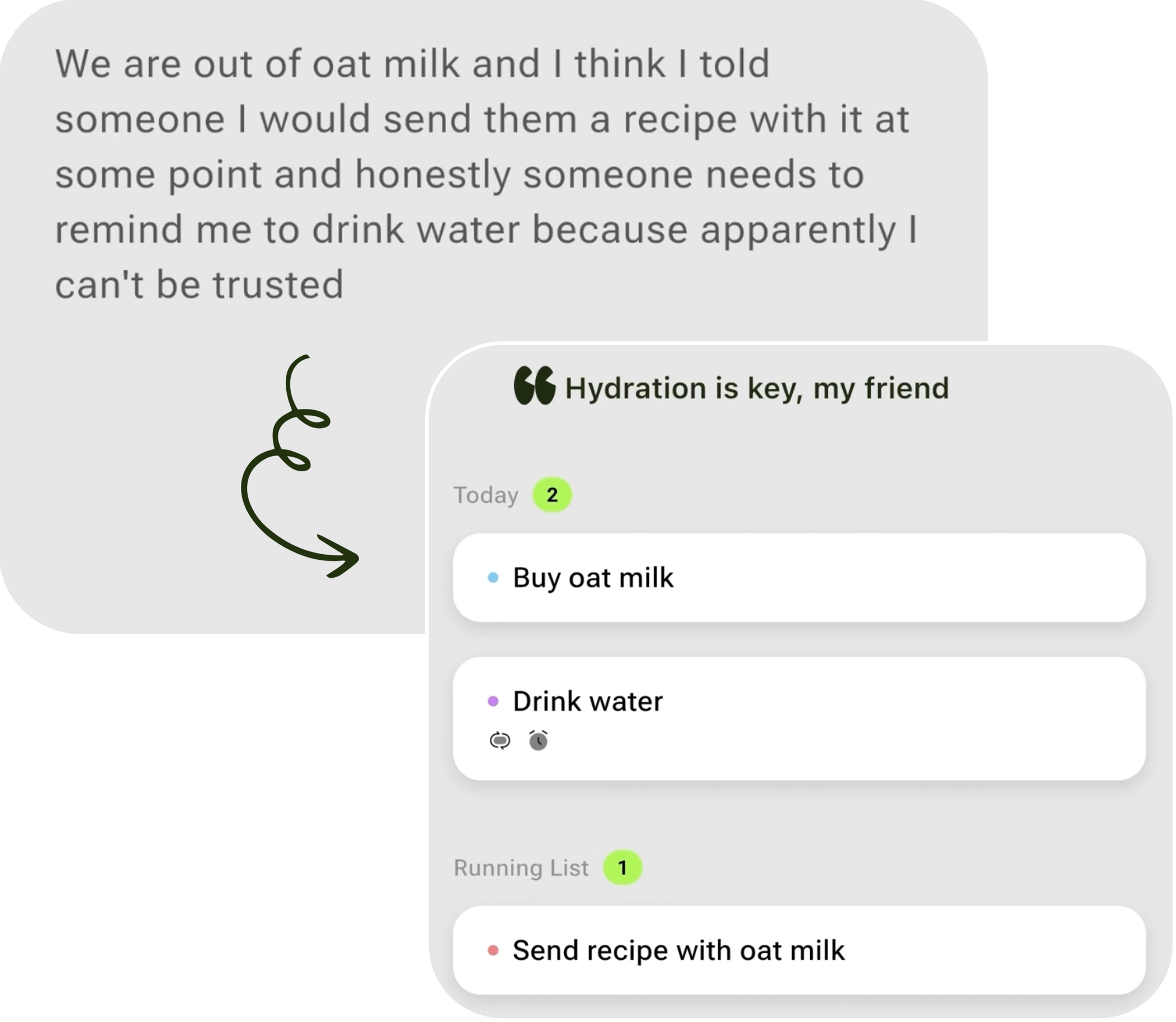 Voice brain dump in action Thinkii voice brain dump — messy spoken thoughts automatically sorted into organized tasks with AI